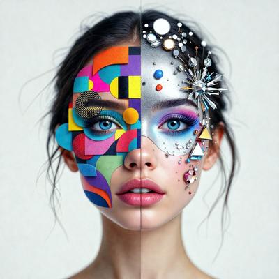 The primary subject of the image is a woman with a unique and colorful makeup design. She is wearing a combination of different colored makeup, including blue, pink, and yellow, which gives her a vibrant and artistic appearance. The setting is a close-up of her face, showcasing the intricate details of her makeup. The visual style of the image is a digital art or illustration, as it captures the woman's face with a creative and eye-catching design. The